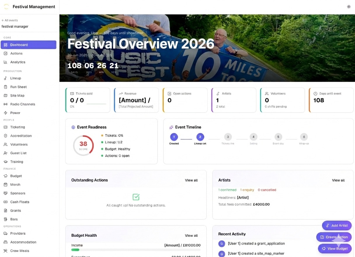 Festival management platform with event overview, ticketing, and logistics tools